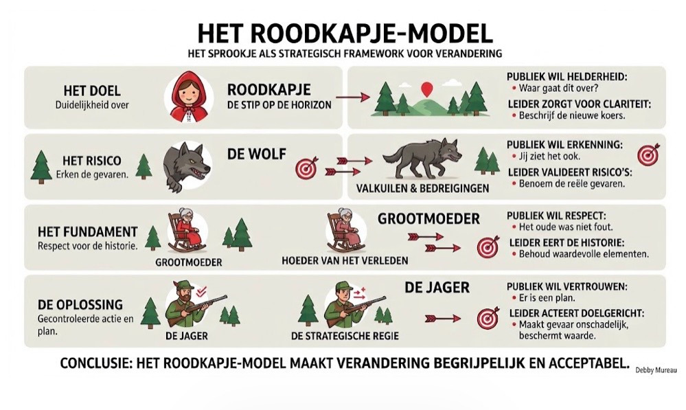 Het Roodkapje-model: Roodkapje, de wolf, grootmoeder en de jager als kapstok voor verandering
