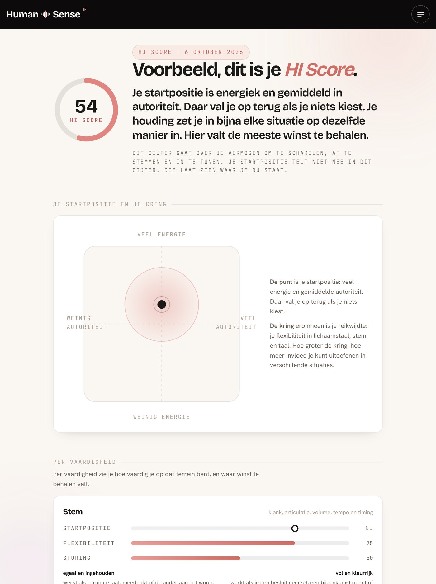 Voorbeeld van een HI Score-uitslag met het kwadrant en de vier vaardigheden